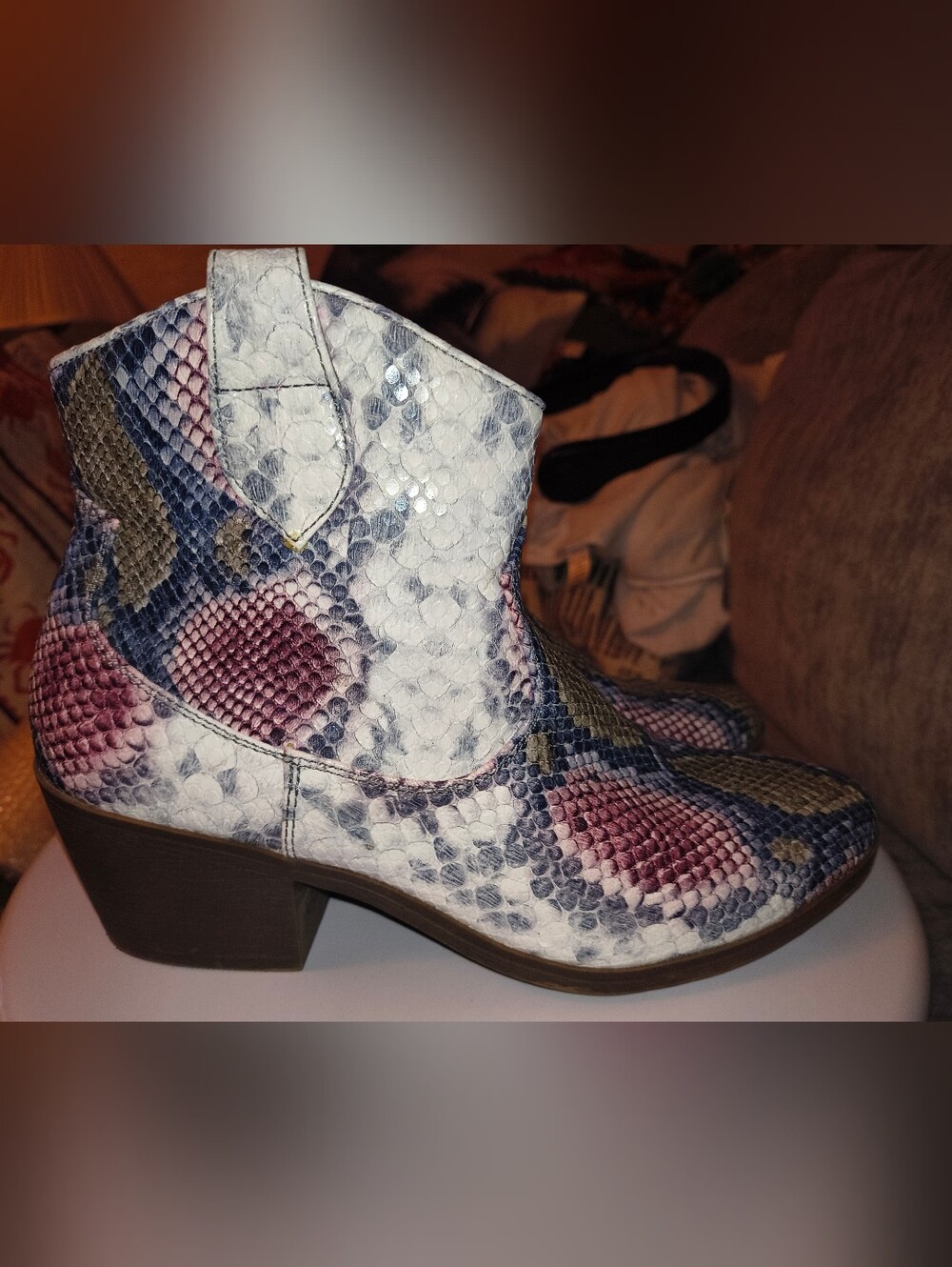 True Craft Women’s Pink & Blue Snakeskin Ankle Boots Size 7.5